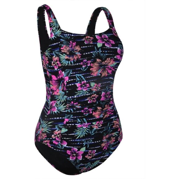 Women's Black Red Floral One Piece Bathing Suit Ruched Tummy Control Swimsuit - Picture 3 of 4